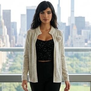 NWT A Giannetti Embellished Pearl & Sequin Collar Open Front Cardigan Size Small